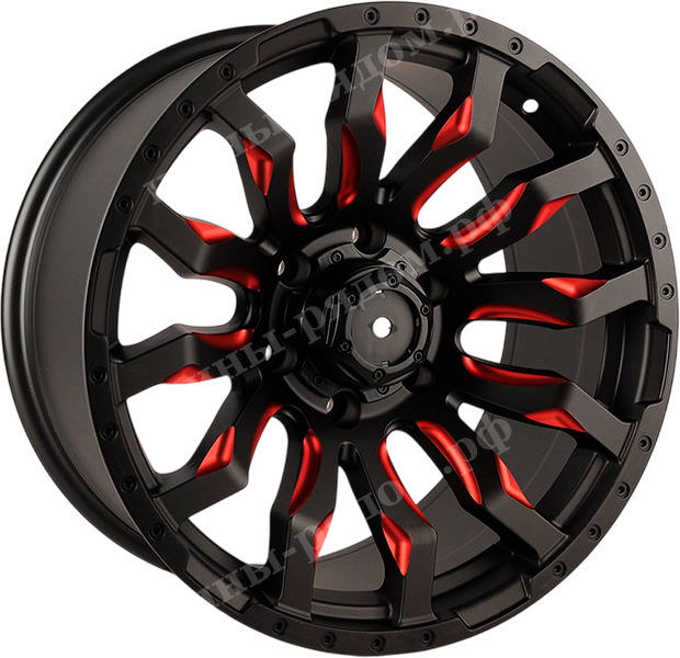 Matt black+rivets+milling spoke with red clear coating. 